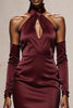 Load image into Gallery viewer, Burgundy Satin Mermaid Halter Maxi Formal Dress with Sleeves