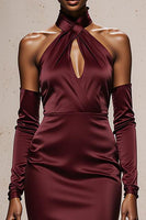 Load image into Gallery viewer, Burgundy Satin Mermaid Halter Maxi Formal Dress with Sleeves