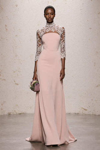 Simple Light Pink High Neck Maxi Lace Formal Dress