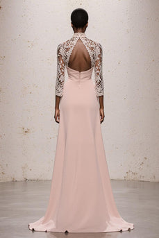 Simple Light Pink High Neck Maxi Lace Formal Dress