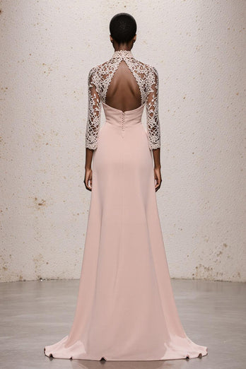 Simple Light Pink High Neck Maxi Lace Formal Dress