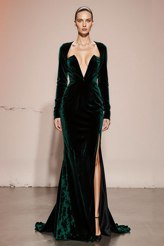 Dark Green Mermaid Velvet Long Sleeves Formal Dress with Slit