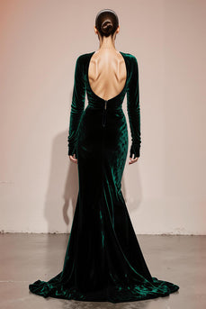 Dark Green Mermaid Velvet Long Sleeves Formal Dress with Slit