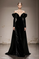 Load image into Gallery viewer, Black Velvet Off the Shoulder A Line Long Formal Dress with Sleeves