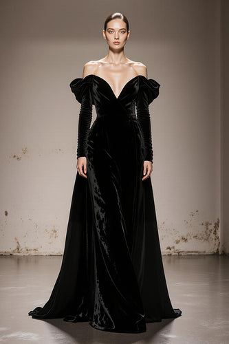 Black Velvet Off the Shoulder A Line Long Formal Dress with Sleeves