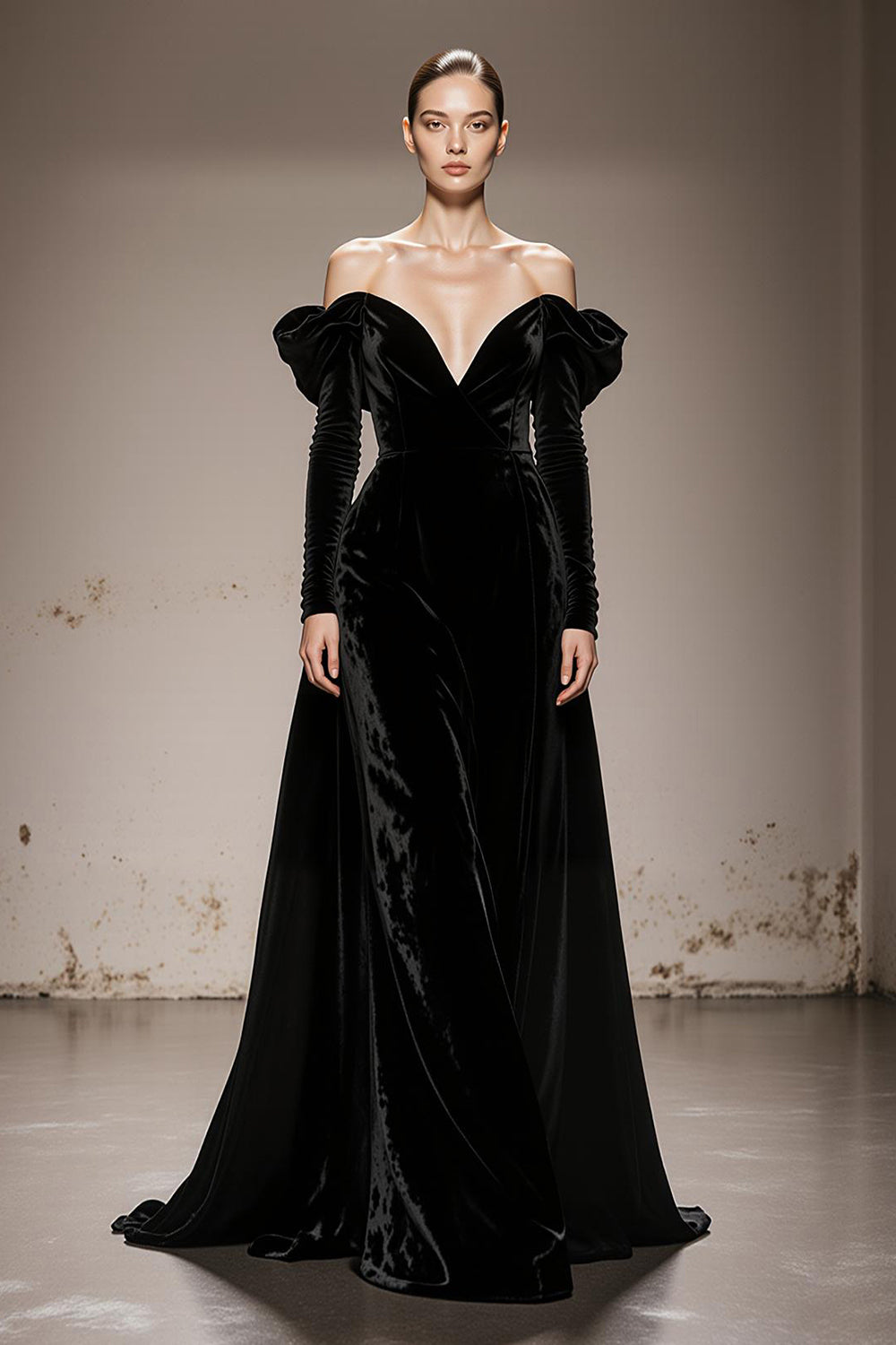 Black Velvet Off the Shoulder A Line Long Formal Dress with Sleeves