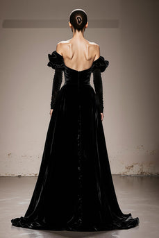 Black Velvet Off the Shoulder A Line Long Formal Dress with Sleeves