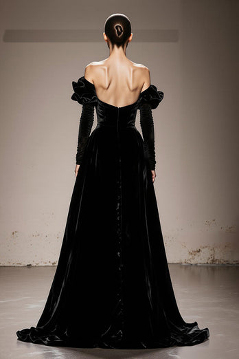 Black Velvet Off the Shoulder A Line Long Formal Dress with Sleeves