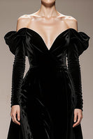 Load image into Gallery viewer, Black Velvet Off the Shoulder A Line Long Formal Dress with Sleeves
