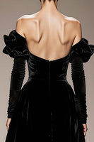Load image into Gallery viewer, Black Velvet Off the Shoulder A Line Long Formal Dress with Sleeves