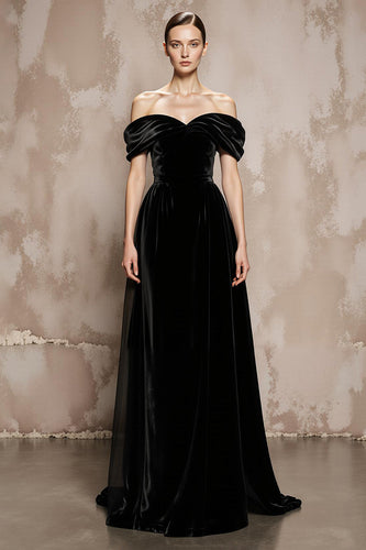 Black A Line Off the Shoulder Velvet Long Formal Dress