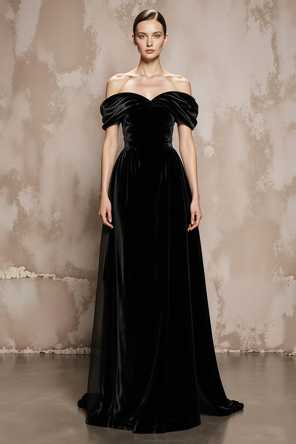 Black A Line Off the Shoulder Velvet Long Formal Dress