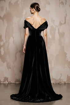 Black A Line Off the Shoulder Velvet Long Formal Dress