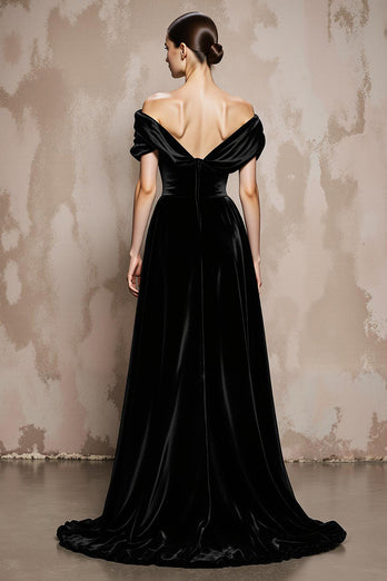 Black A Line Off the Shoulder Velvet Long Formal Dress