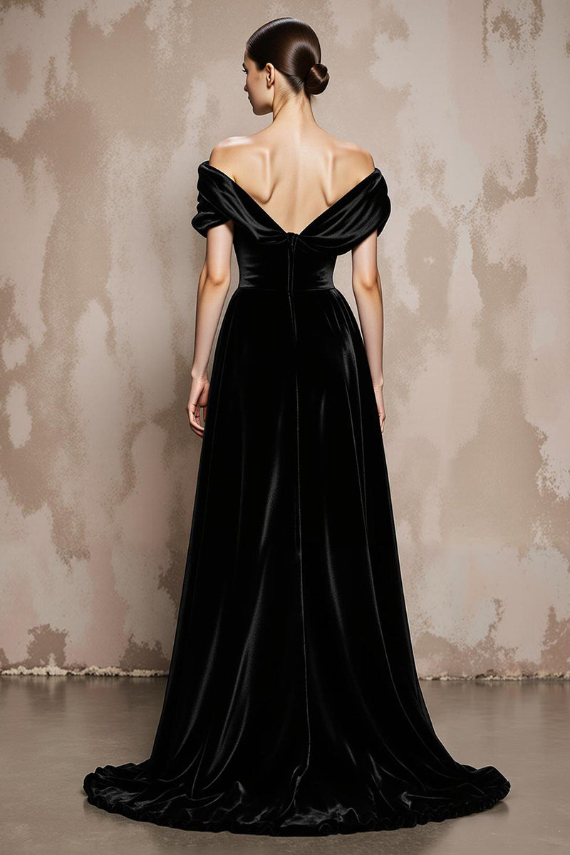 Load image into Gallery viewer, Black A Line Off the Shoulder Velvet Long Formal Dress
