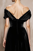 Load image into Gallery viewer, Black A Line Off the Shoulder Velvet Long Formal Dress