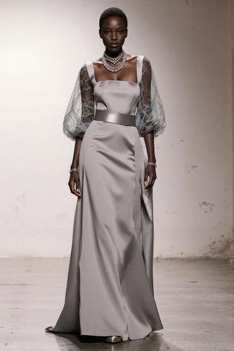 Simple Silver Long Sheath Formal Dress with Sleeves