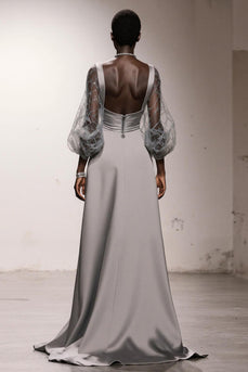 Simple Silver Long Sheath Formal Dress with Sleeves