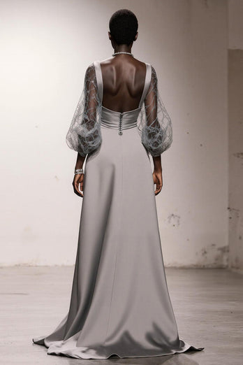 Simple Silver Long Sheath Formal Dress with Sleeves