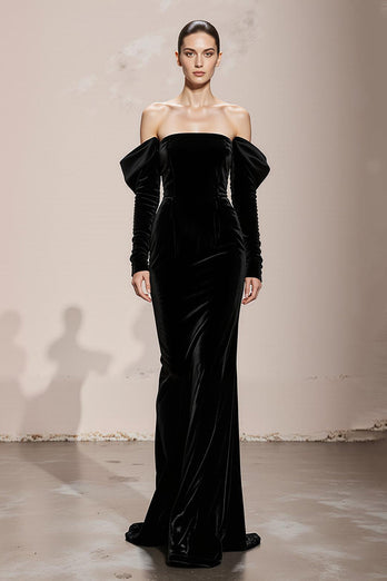 Black Mermaid Off the Shoulder Velvet Long Formal Dress with Sleeves
