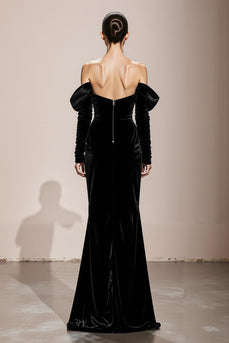 Black Mermaid Off the Shoulder Velvet Long Formal Dress with Sleeves