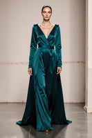 Load image into Gallery viewer, Peacock Green Satin V-Neck A Line Long Formal Dress with Sleeves
