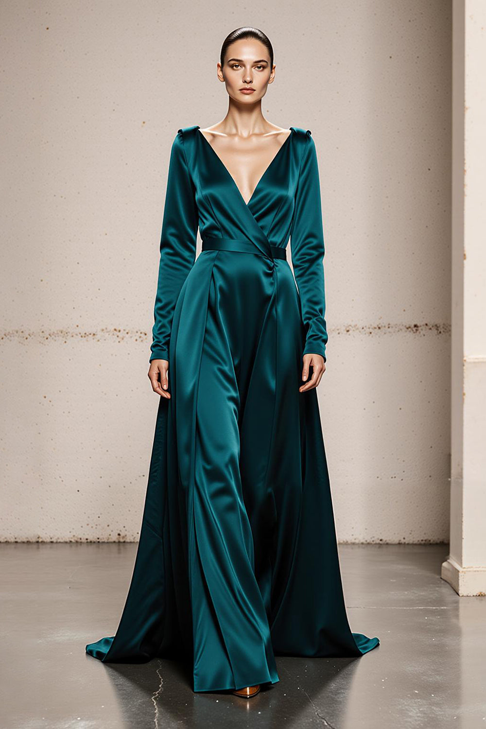 Peacock Green Satin V-Neck A Line Long Formal Dress with Sleeves