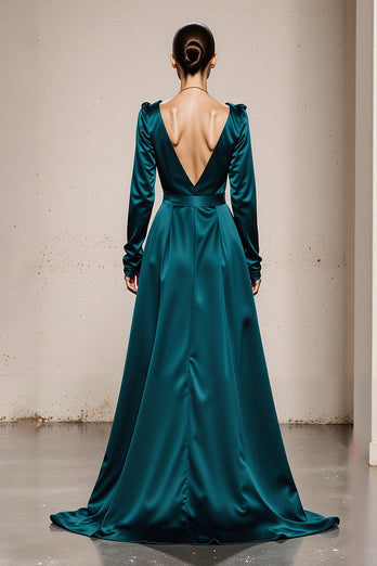 Peacock Green Satin V-Neck A Line Long Formal Dress with Sleeves