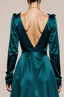 Load image into Gallery viewer, Peacock Green Satin V-Neck A Line Long Formal Dress with Sleeves