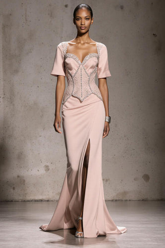 Sparkly Light Pink Beaded Mermaid Long Formal Dress with Slit