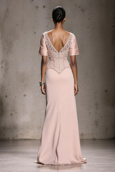 Sparkly Light Pink Beaded Mermaid Long Formal Dress with Slit