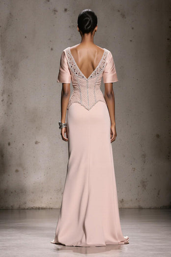 Sparkly Light Pink Beaded Mermaid Long Formal Dress with Slit