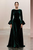 Load image into Gallery viewer, Dark Green Round Neck A Line Velvet Long Formal Dress with Sleeves