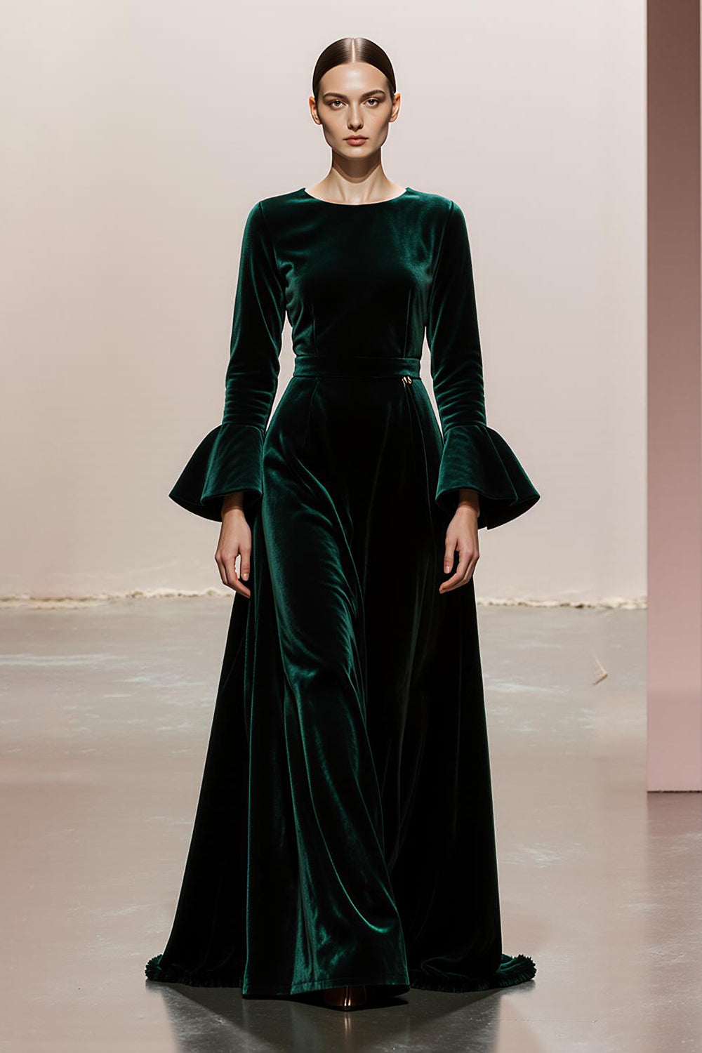 Dark Green Round Neck A Line Velvet Long Formal Dress with Sleeves