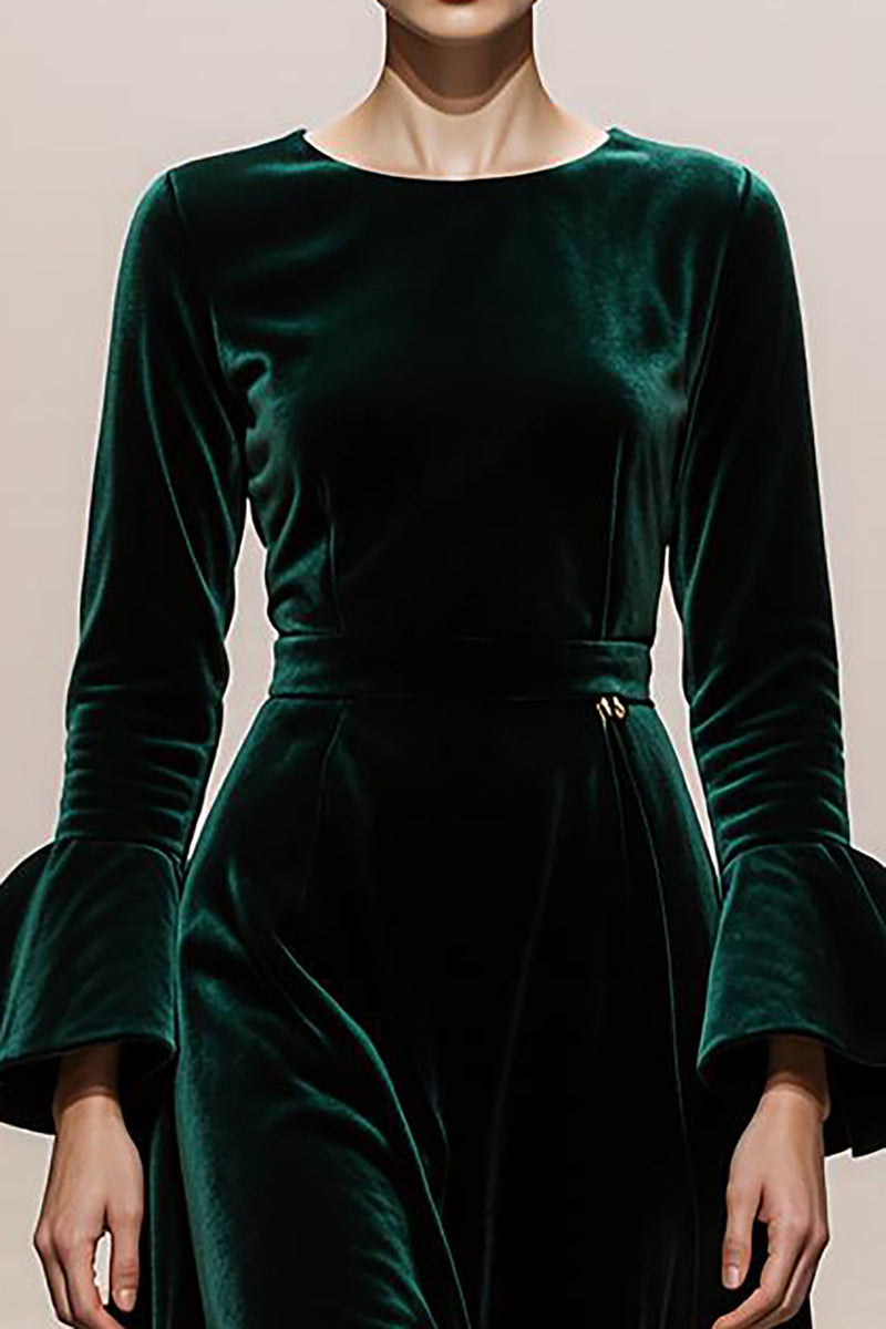 Load image into Gallery viewer, Dark Green Round Neck A Line Velvet Long Formal Dress with Sleeves