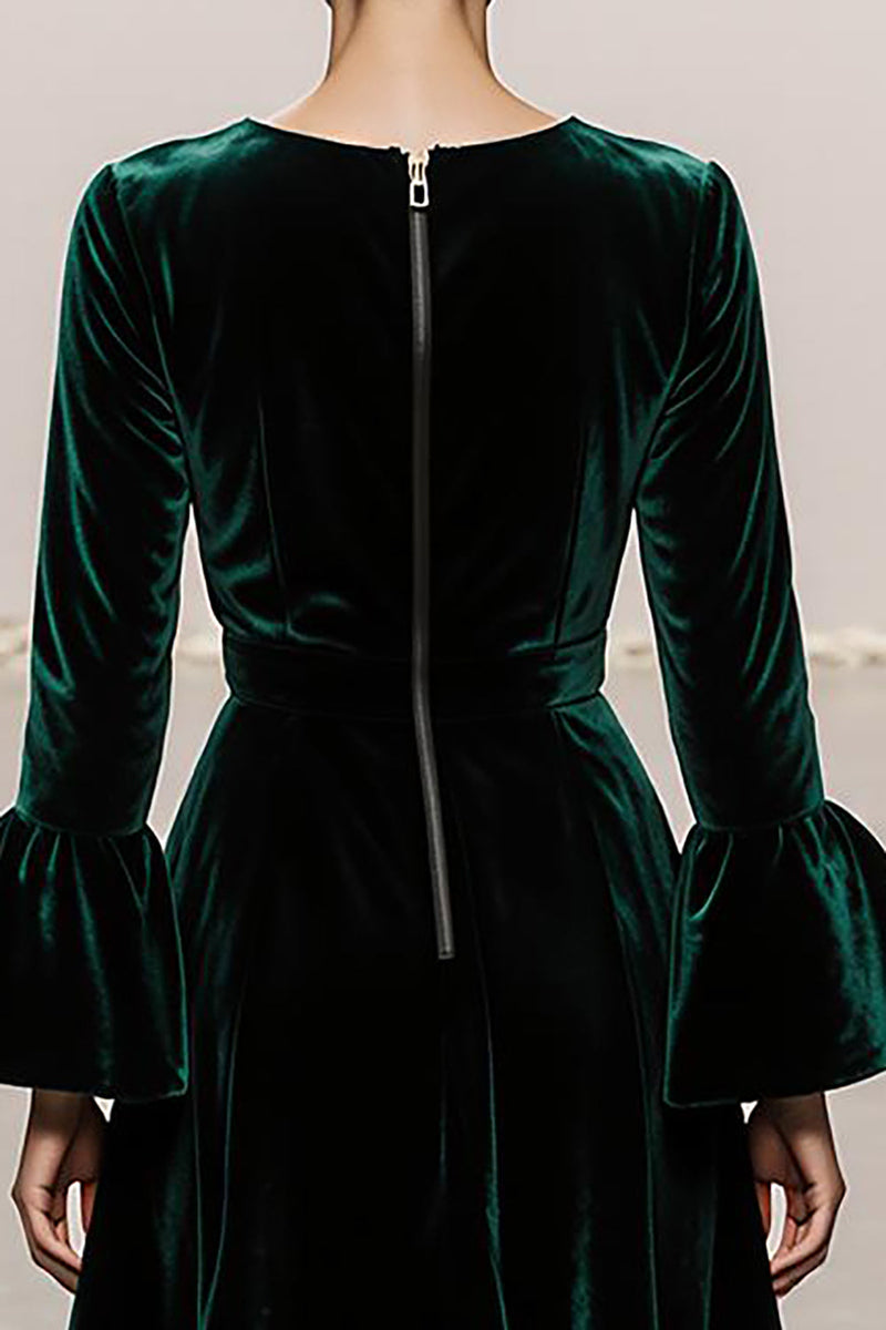 Load image into Gallery viewer, Dark Green Round Neck A Line Velvet Long Formal Dress with Sleeves