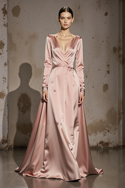 Light Pink A Line V-Neck Satin Long Formal Dress with Sleeves