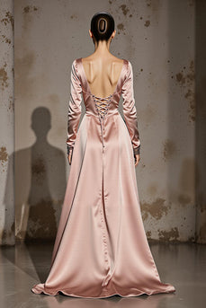Light Pink A Line V-Neck Satin Long Formal Dress with Sleeves