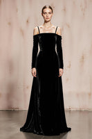 Load image into Gallery viewer, Black Velvet Cold Shoulder Long Formal Dress with Sleeves