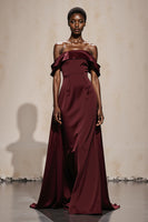 Load image into Gallery viewer, Burgundy Satin Off the Shoulder A Line Long Formal Dress