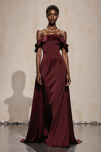 Burgundy Satin Off the Shoulder A Line Long Formal Dress