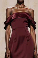 Load image into Gallery viewer, Burgundy Satin Off the Shoulder A Line Long Formal Dress