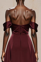 Load image into Gallery viewer, Burgundy Satin Off the Shoulder A Line Long Formal Dress