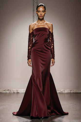 Burgundy Satin Off the Shoulder Mermaid Long Formal Dress with Lace