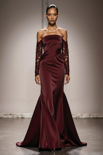 Burgundy Satin Off the Shoulder Mermaid Long Formal Dress with Lace