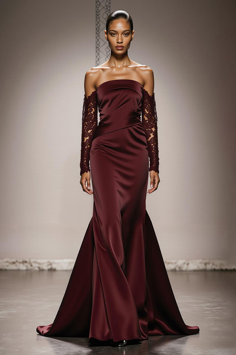 Burgundy Satin Off the Shoulder Mermaid Long Formal Dress with Lace