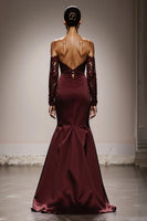Load image into Gallery viewer, Burgundy Satin Off the Shoulder Mermaid Long Formal Dress with Lace
