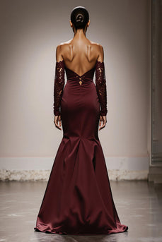 Burgundy Satin Off the Shoulder Mermaid Long Formal Dress with Lace