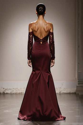 Burgundy Satin Off the Shoulder Mermaid Long Formal Dress with Lace