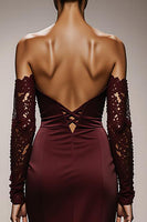 Load image into Gallery viewer, Burgundy Satin Off the Shoulder Mermaid Long Formal Dress with Lace